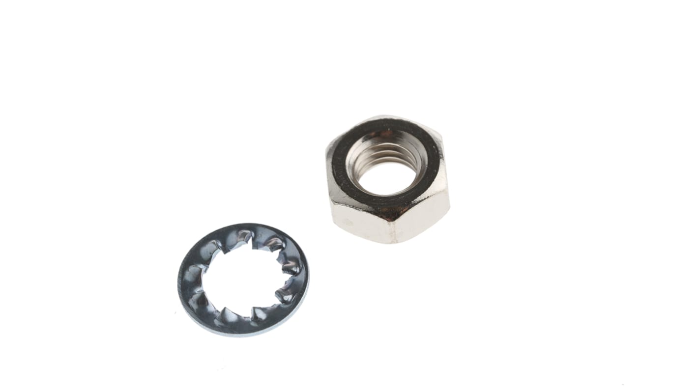 RS PRO Brass, Steel Hex Full Nut and Washers with Internal Tooth, Plain