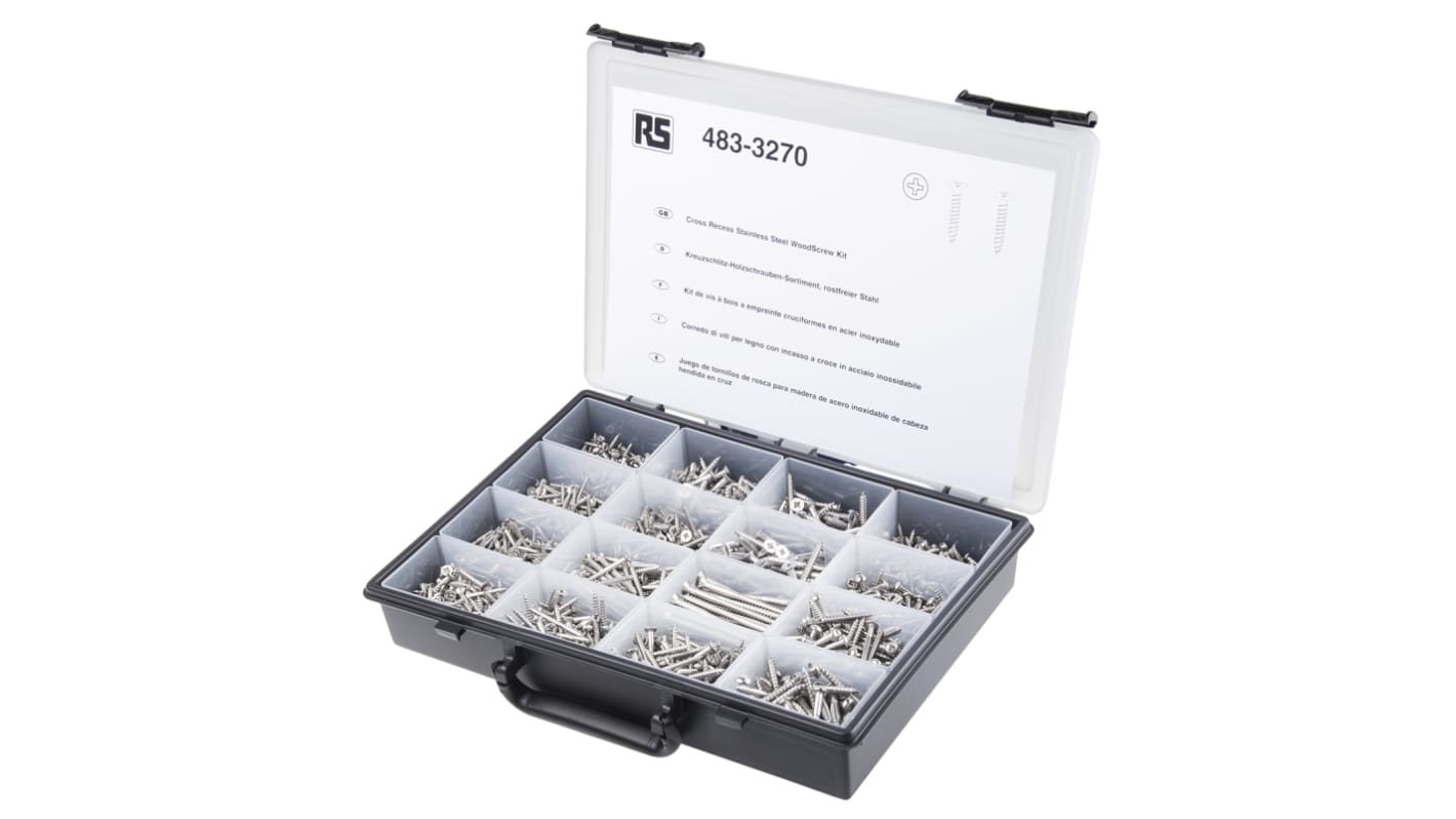 Kit viti e bulloni in Acciaio inox Liscio RS PRO, guida a Pozidriv, Scanalatura, 1250 pezzi, filettatura M6, M8, M10,