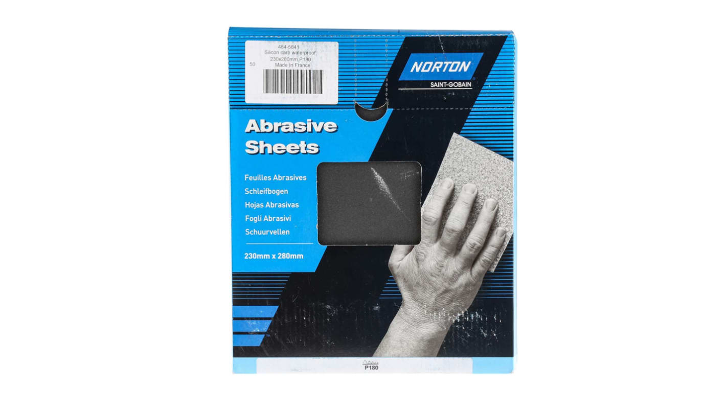 Hoja abrasiva Norton de Carburo de Silicio, grano Muy Fino de P180, de 280mm x 230mm, paquete de 50