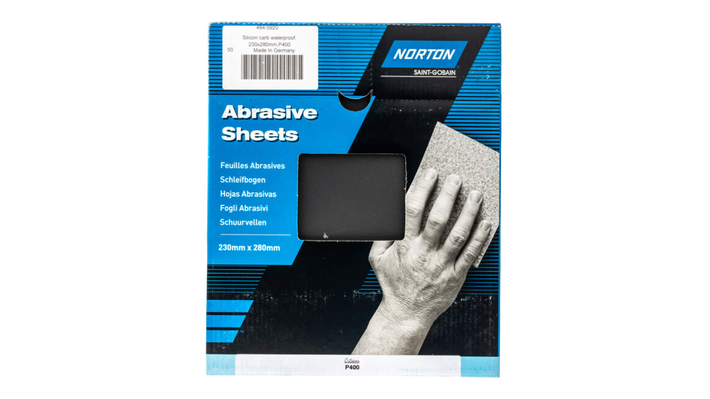 Hoja abrasiva Norton de Carburo de Silicio, grano Muy Fino de P400, de 280mm x 230mm, paquete de 50
