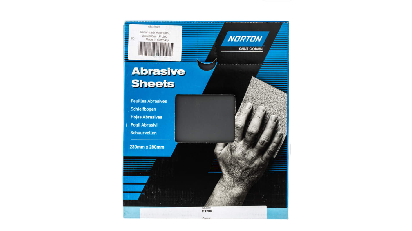 Hoja abrasiva Norton de Carburo de Silicio, grano Muy Fino de P1200, de 280mm x 230mm, paquete de 50