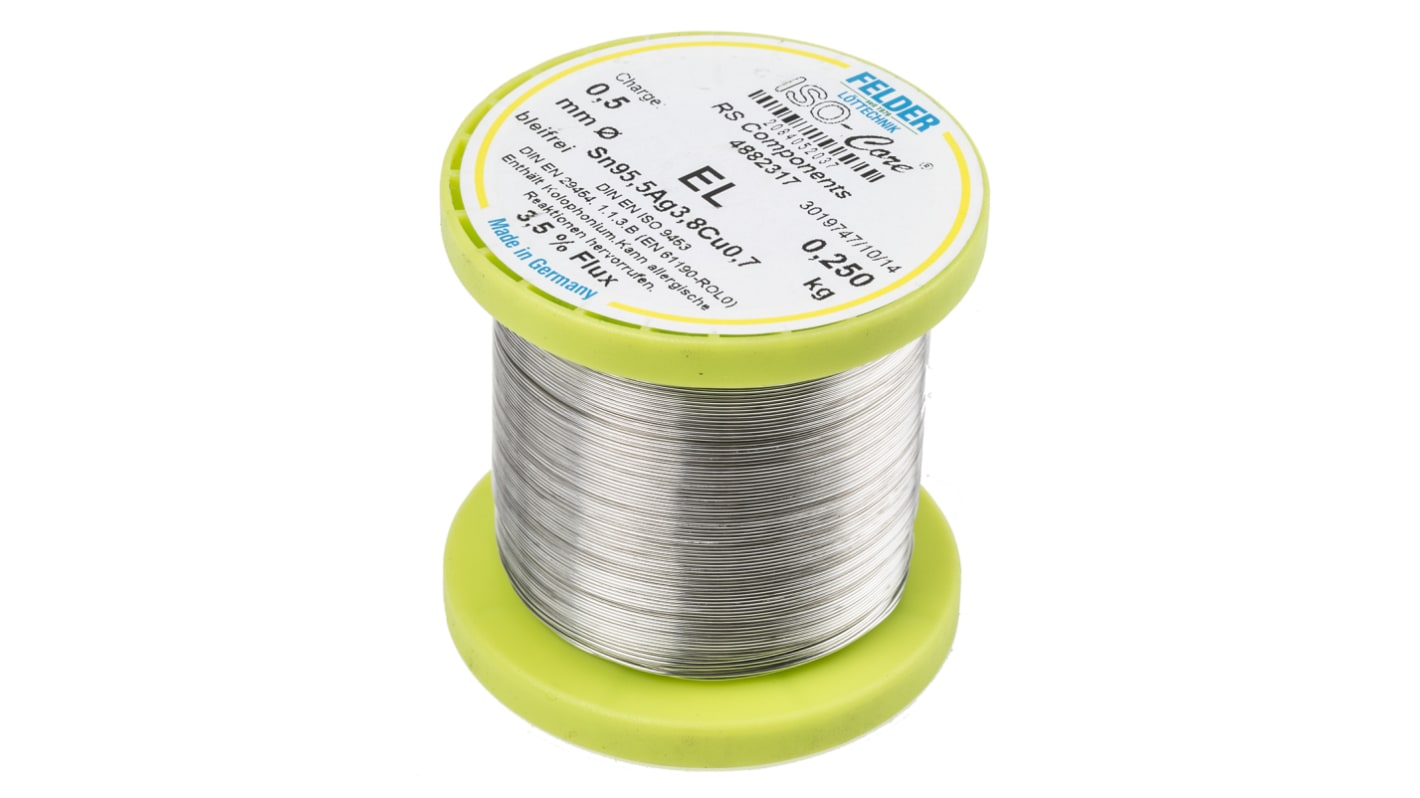 Felder Lottechnik Blyfrit loddetin, 0.5mm Tråd, smeltepunkt: 217°C, 0% bly, 0.7% kobber, 95.5% Tin, 3.8% Sølv, 250g