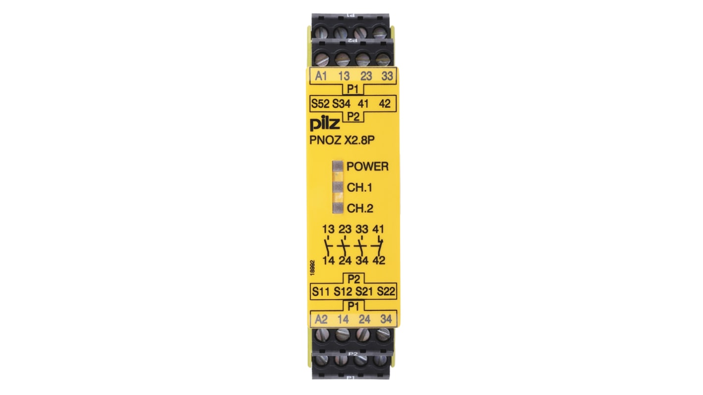 Pilz 24 → 240V ac/dc Sikkerhedsrelæ, 1, 2 kanal(er), 3 sikkerhedskontakter