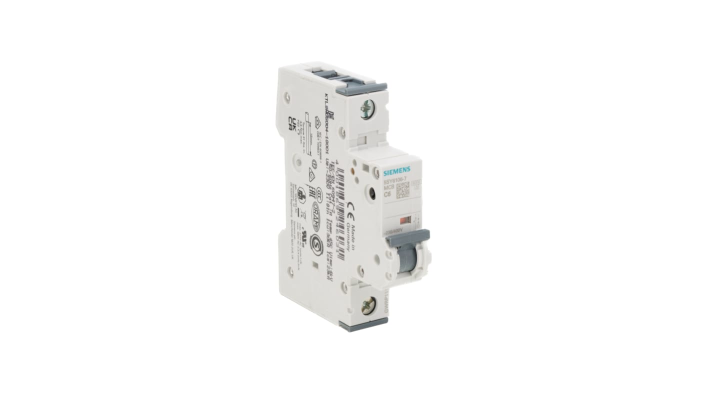 Siemens Sentron 5SY6 MCB, 1P, 6A Curve C, 230V AC, 72V DC, 6 kA Breaking Capacity