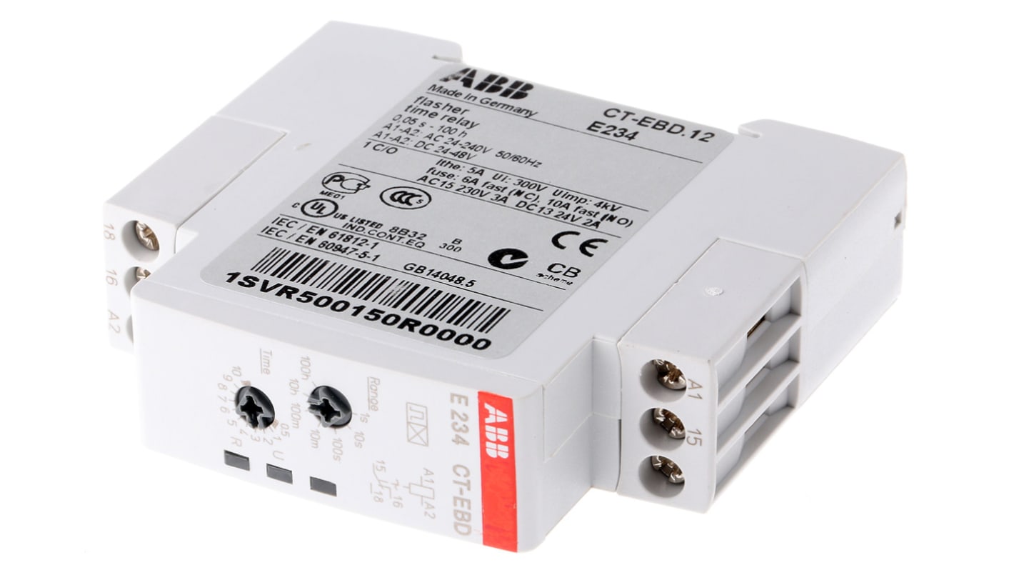 ABB Zeitrelais, DIN-Schienen, 0.05 s → 100h, 24 → 240 V ac, 24 → 48V dc, 1 Kont. Einfach,