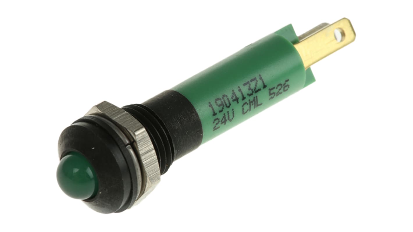 CML Innovative Technologies Green Panel Mount Indicator, 24V, 8mm Mounting Hole Size, Solder Tab Termination, IP67