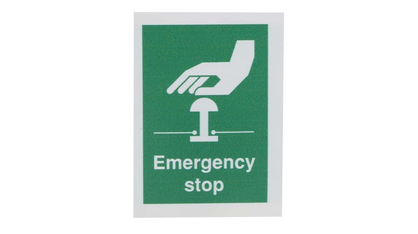 RS PRO Sicherheitshinweisschild Englisch Not-Aus Emergency Stop Selbstklebend Vinyl Grün