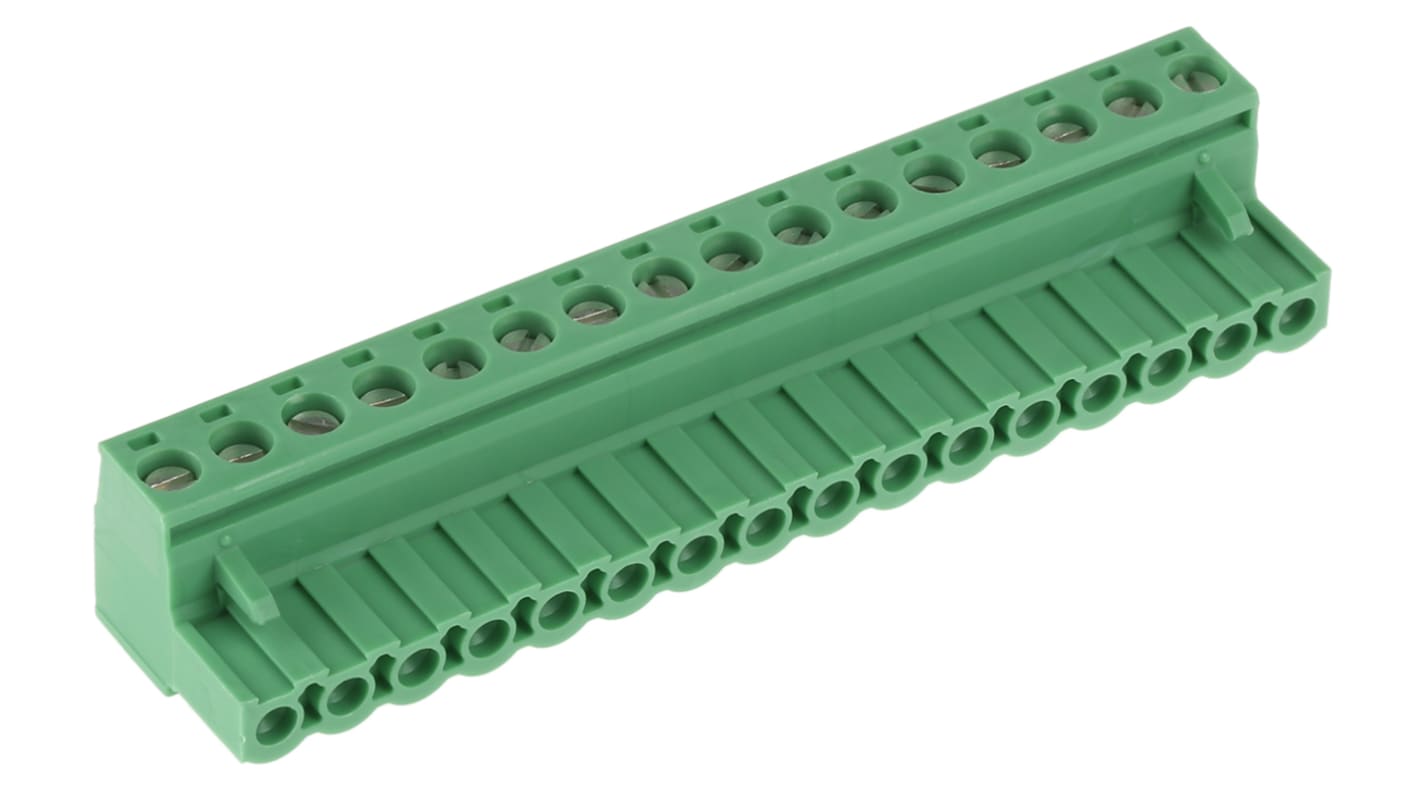 Borne enchufable para PCB Ángulo recto Phoenix Contact de 16 vías , paso 5.08mm, 12A, de color Verde, montaje de cable,