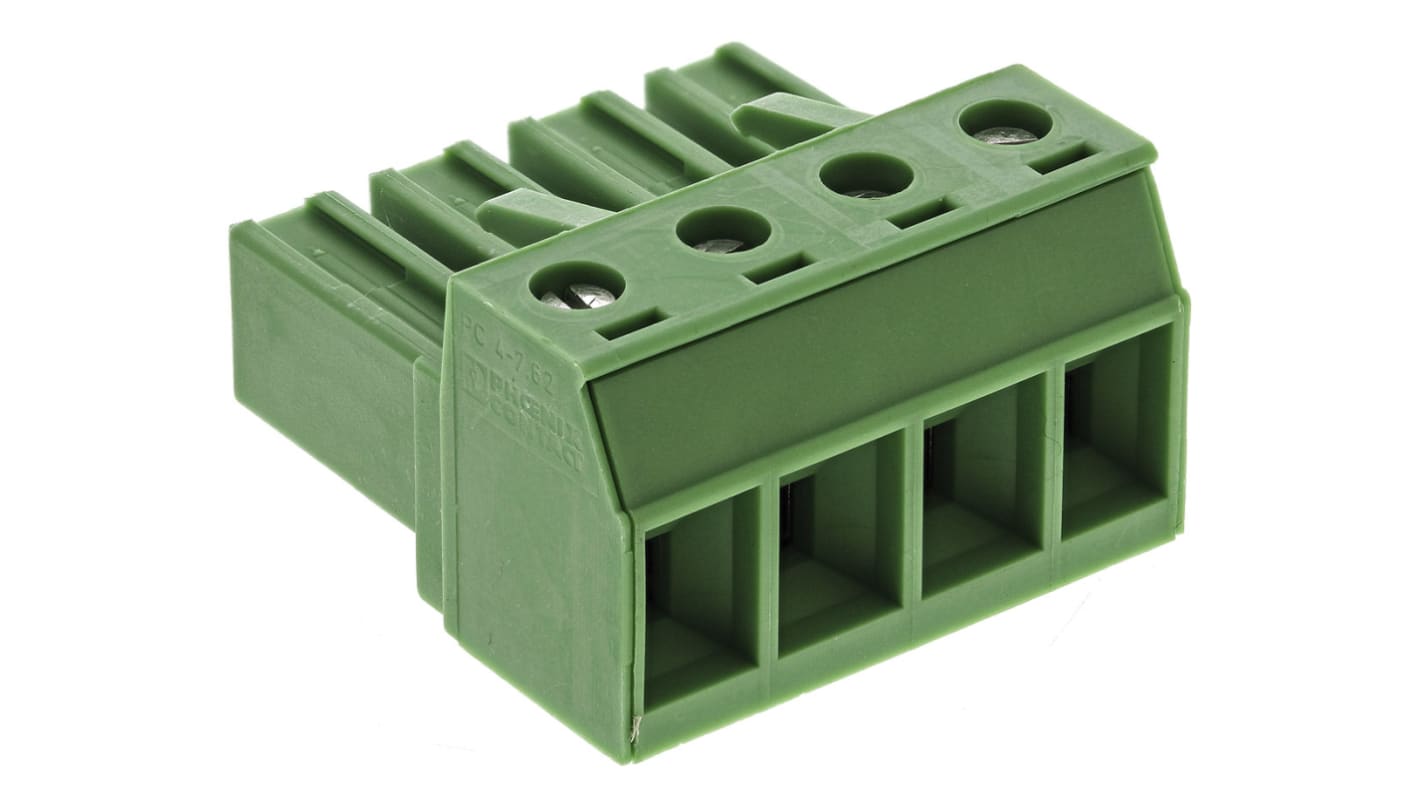 Bloque de terminal PCB Hembra Ángulo recto Phoenix Contact de 4 vías de 4 vías, paso 7.62mm, 20A, de color Verde,