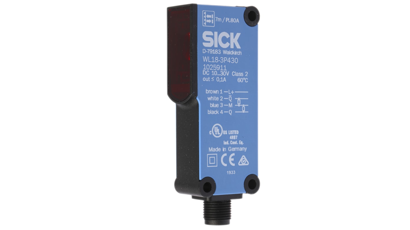 Fotocélula rectangular Sick, Sistema Reflex, alcance 7 m, salida PNP, Conector M12 4 Pines, IP65, IP67