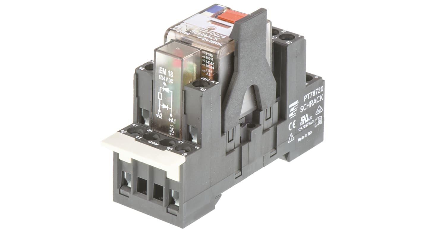 TE Connectivity PT 2-polet skifte Effektrelæ, DIN-skinne, 24V dc spole, 12A