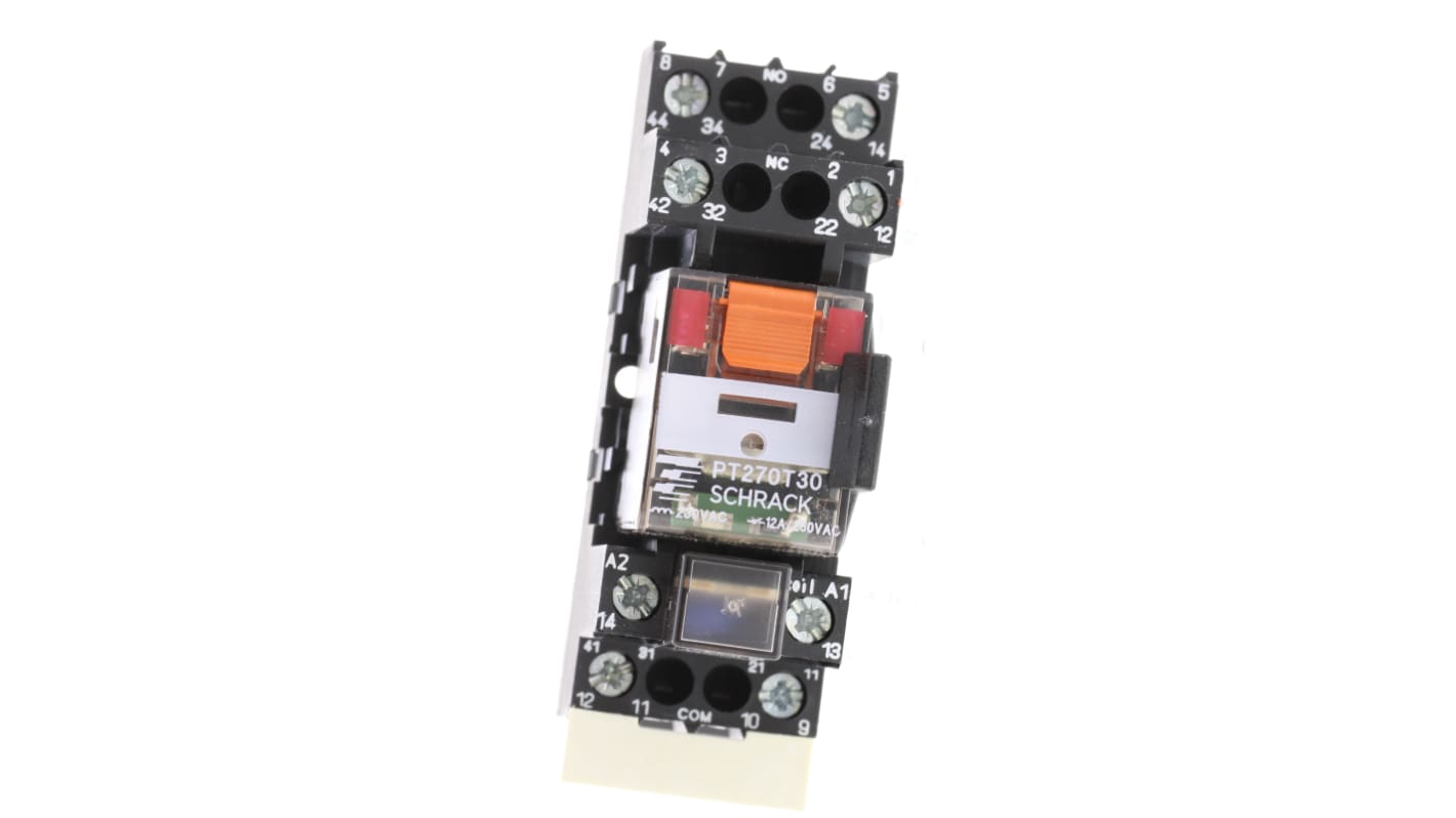 Relé de potencia sin enclavamiento TE Connectivity PT de 2 polos, DPDT, bobina 230V ac, 12A, Carril DIN