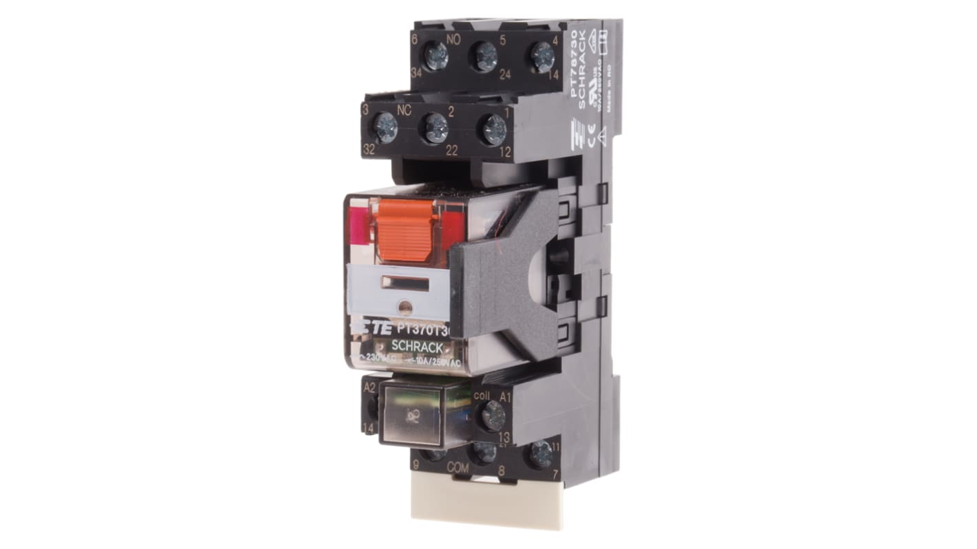 TE Connectivity DIN Rail Power Relay, 230V ac Coil, 10A Switching Current, 3PDT