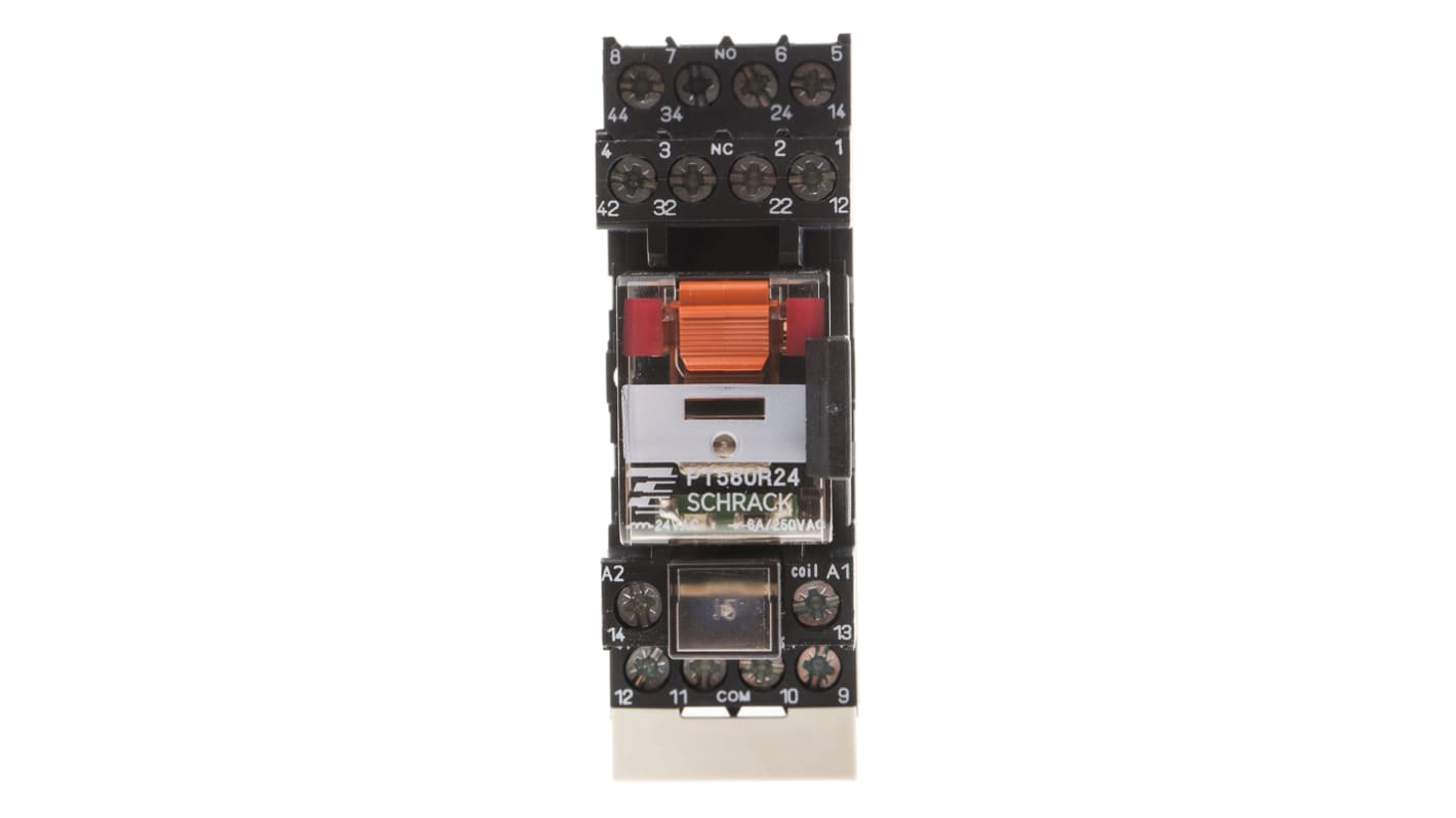 Relé de potencia sin enclavamiento TE Connectivity PT de 4 polos, 4PDT, bobina 24V ac, 6A, Carril DIN