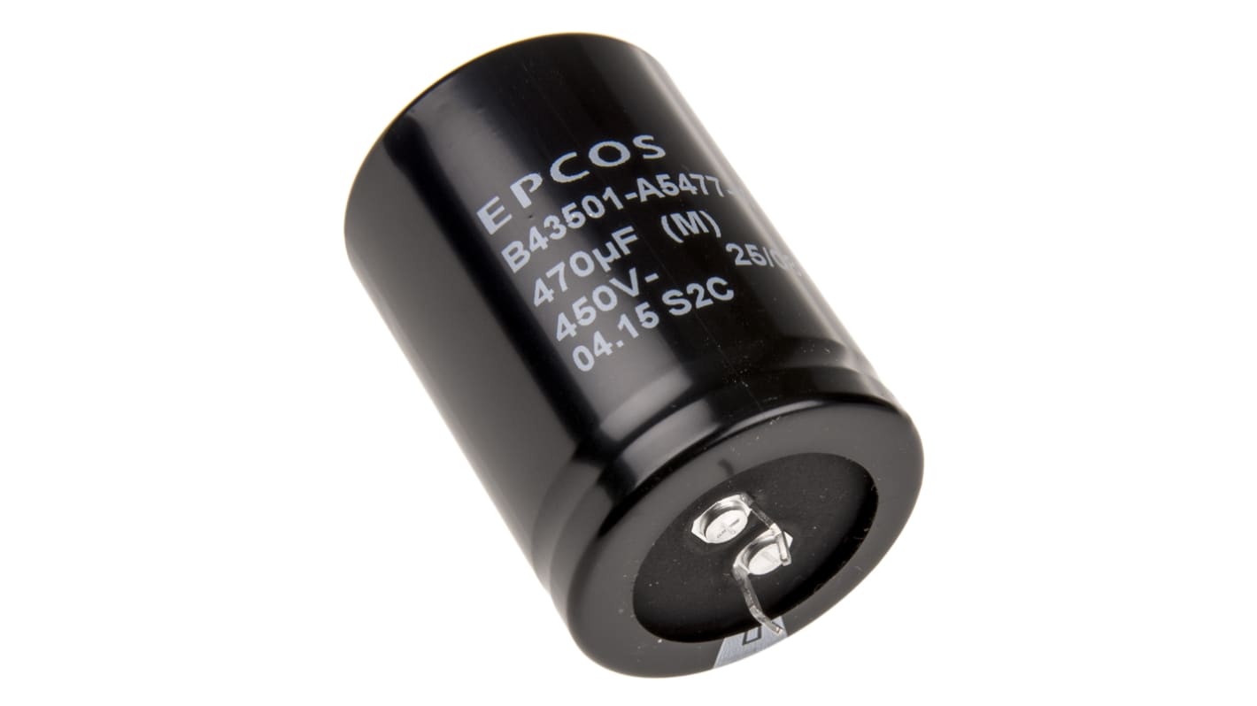 Condensador electrolítico EPCOS serie B43501, 470μF, ±20%, 450V dc, de encaje a presión, 35 (Dia.) x 50mm, paso 10mm