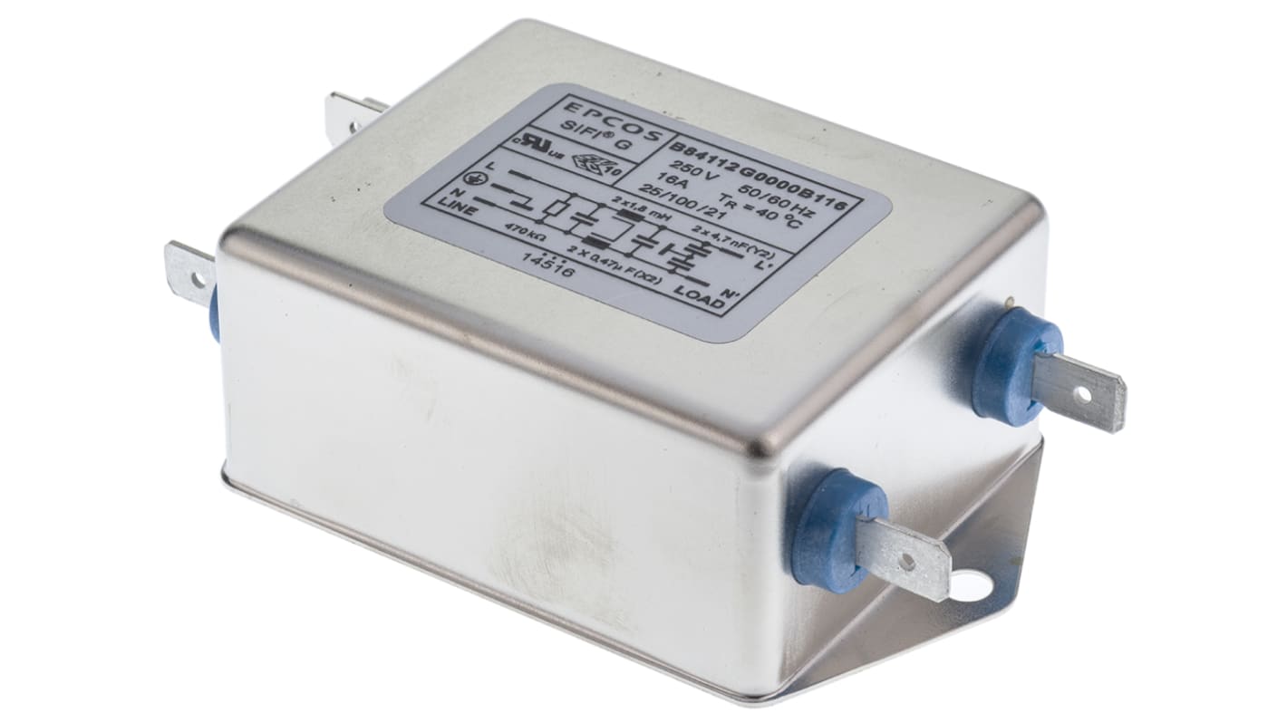 EPCOS B84112G Serien EMC filter, Chassismontering, 16A, 250 V∼/V=, 50 → 60Hz, Terminering: Skrue, Antal faser: 1