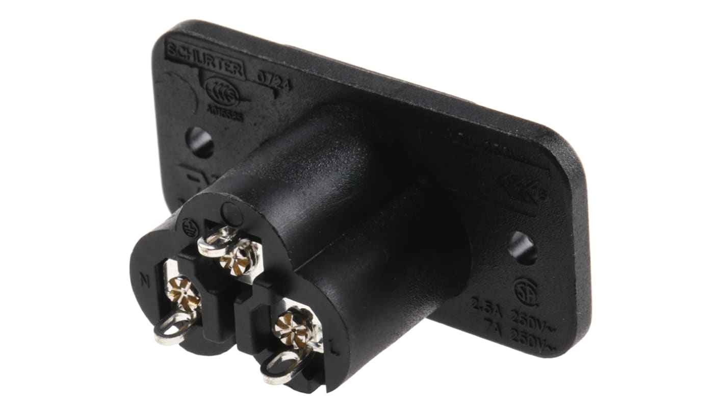 Conector IEC C6 macho Schurter, Montaje en Panel, 250 V, 2.5A