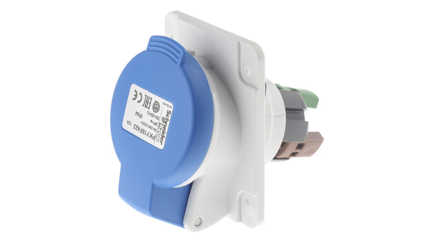 Conector de potencia industrial Hembra, Formato 2P + E, Orientación En Ángulo, PratiKa, Azul, 230 V, 16A, IP44