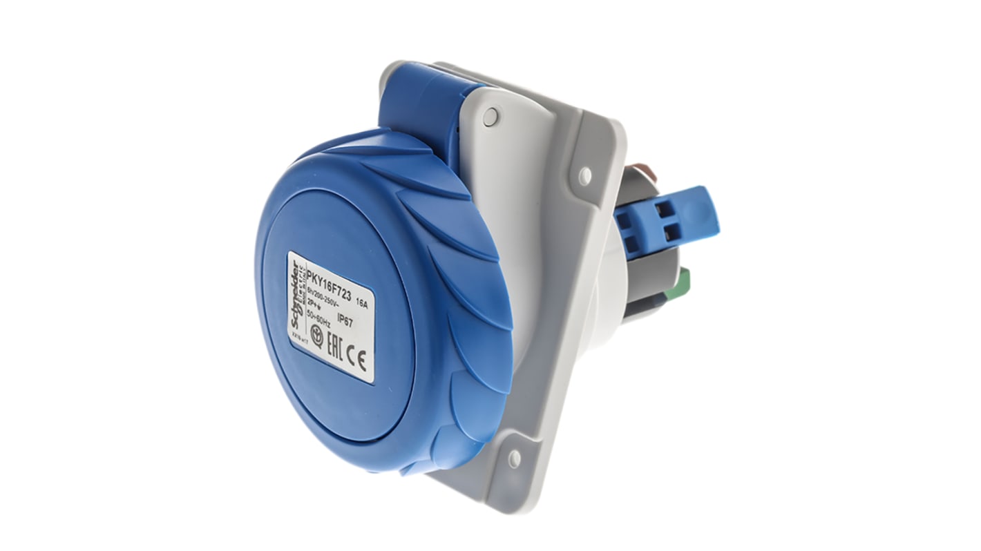 Conector de potencia industrial Hembra, Formato 2P + E, Orientación Ángulo de 90° , PratiKa, Azul, 230 V, 16A, IP67