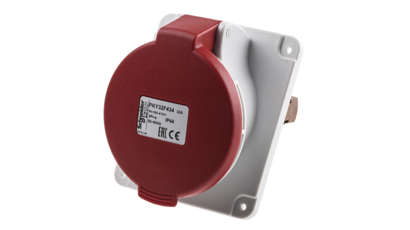 Schneider Electric, PratiKa IP67 Red Panel Mount 3P + E Right Angle Industrial Power Socket, Rated At 32A, 415 V