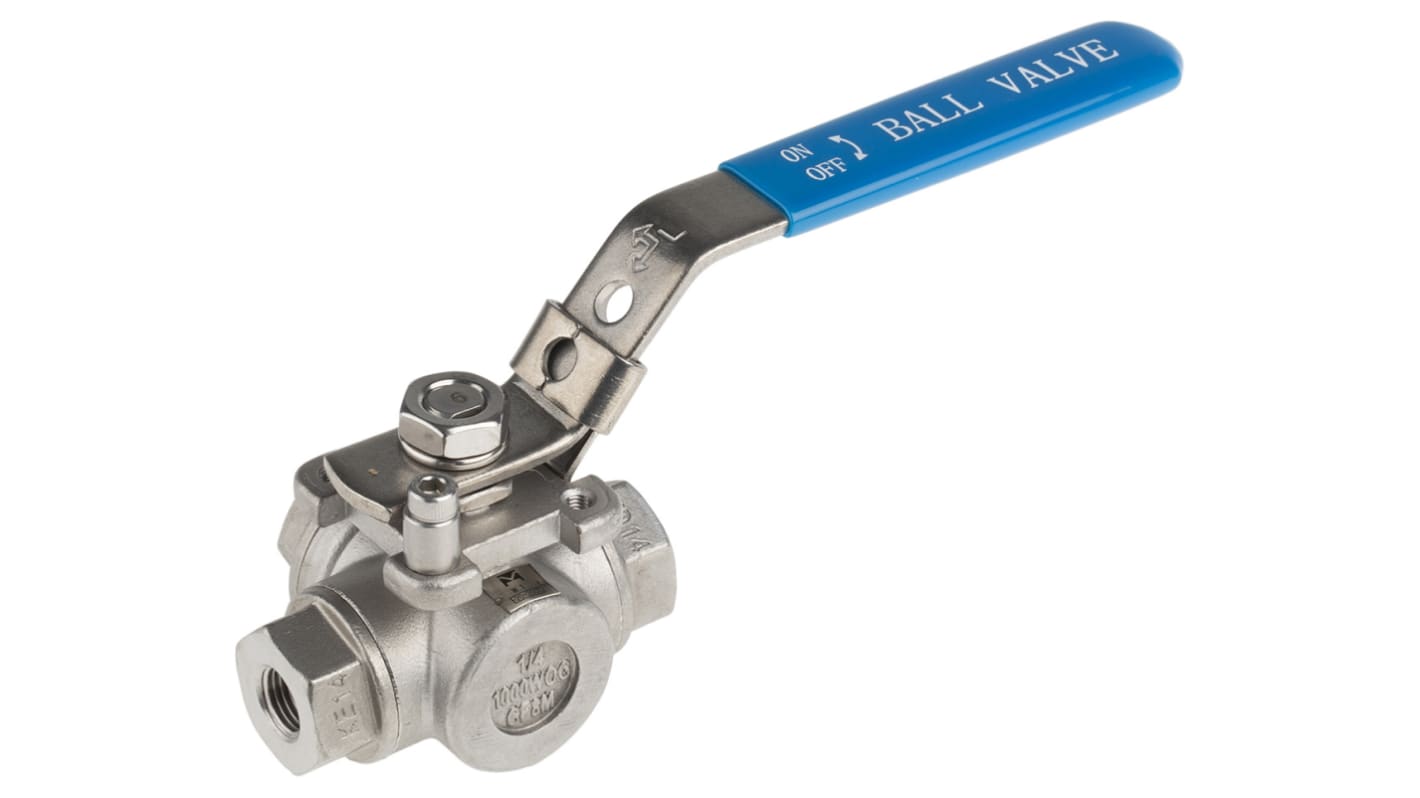 RS PRO Stainless Steel L Port, 3 Way, Ball Valve, BSPP 1/4in, 68bar Operating Pressure