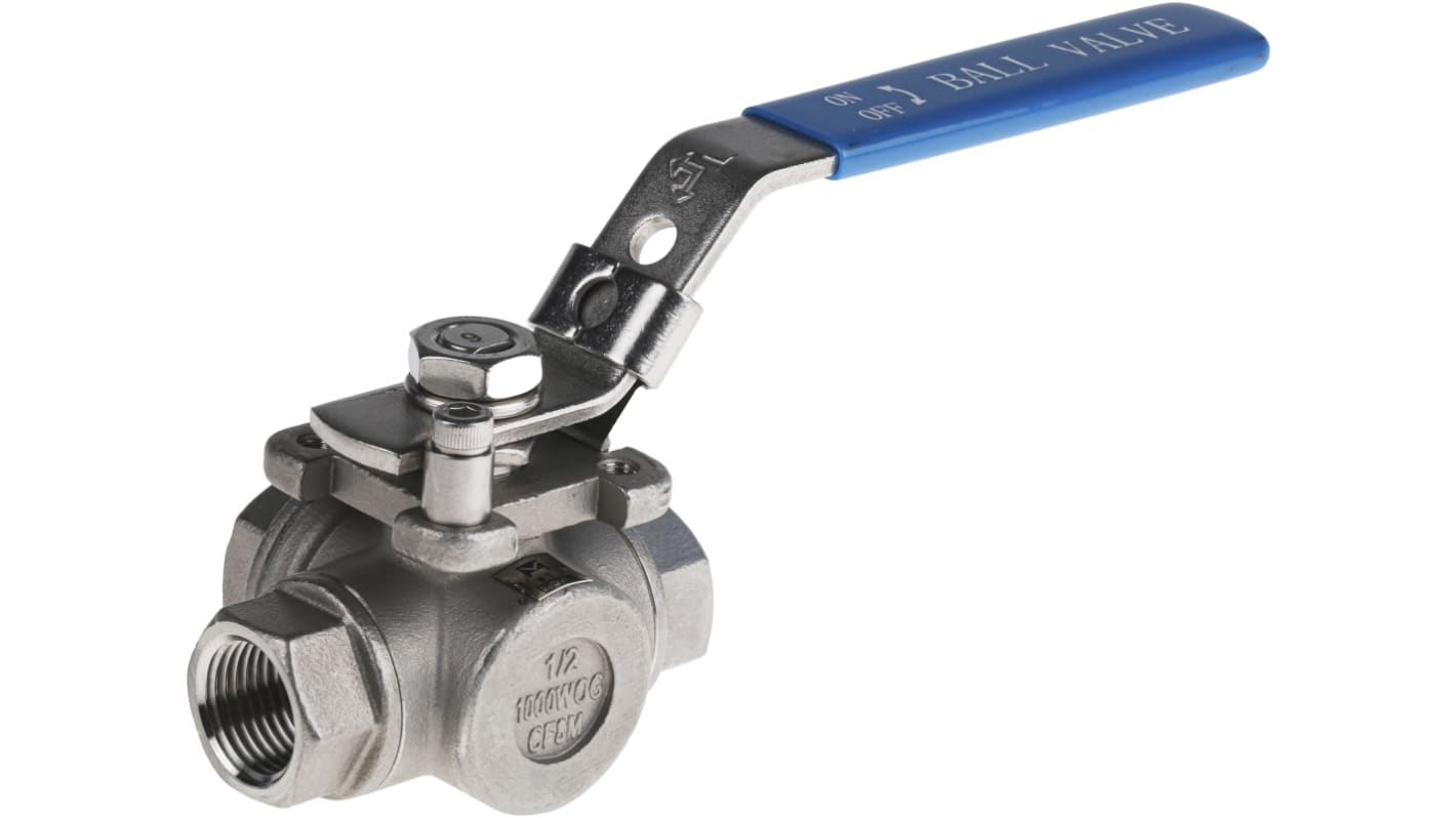 RS PRO Stainless Steel L Port, 3 Way, Ball Valve, BSPP 1/2in, 68bar