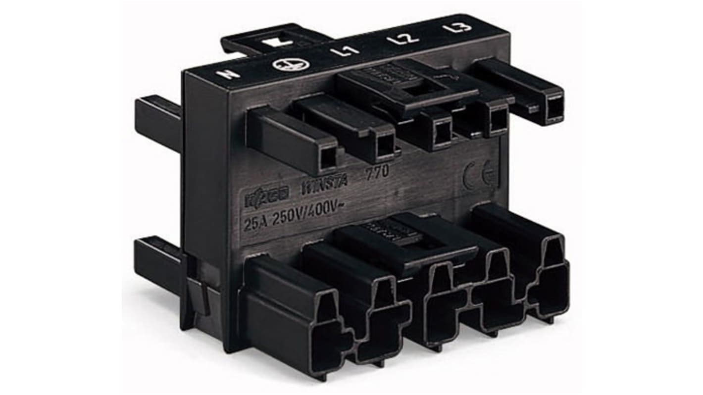 Wago 770 Series Distribution Block, 5-Pole, Male to Female, 4-Way, 25A