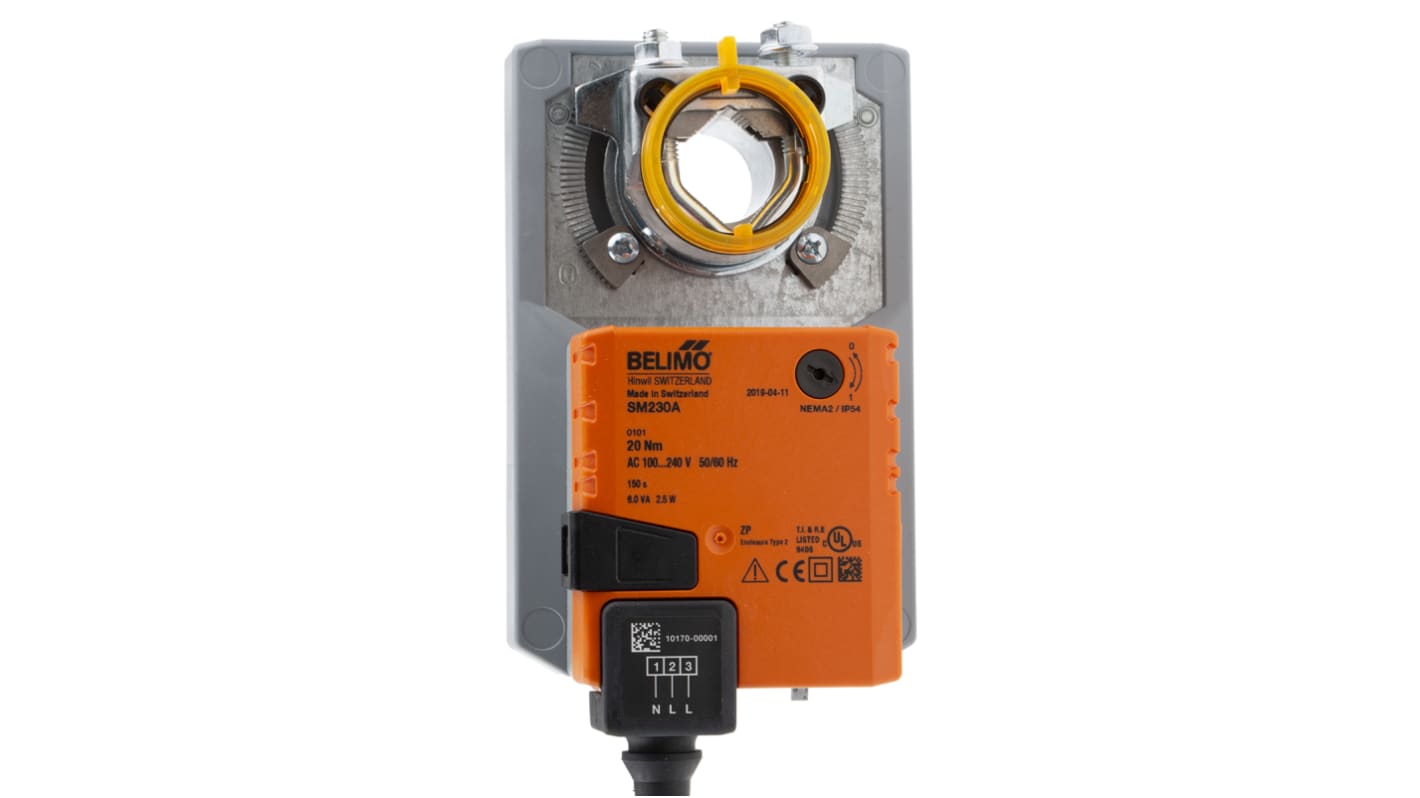 Actuador de compuerta Belimo, par 20Nm, 240 V ac, 2.5W, para eje de 10 → 20mm, control abierto/cerrado