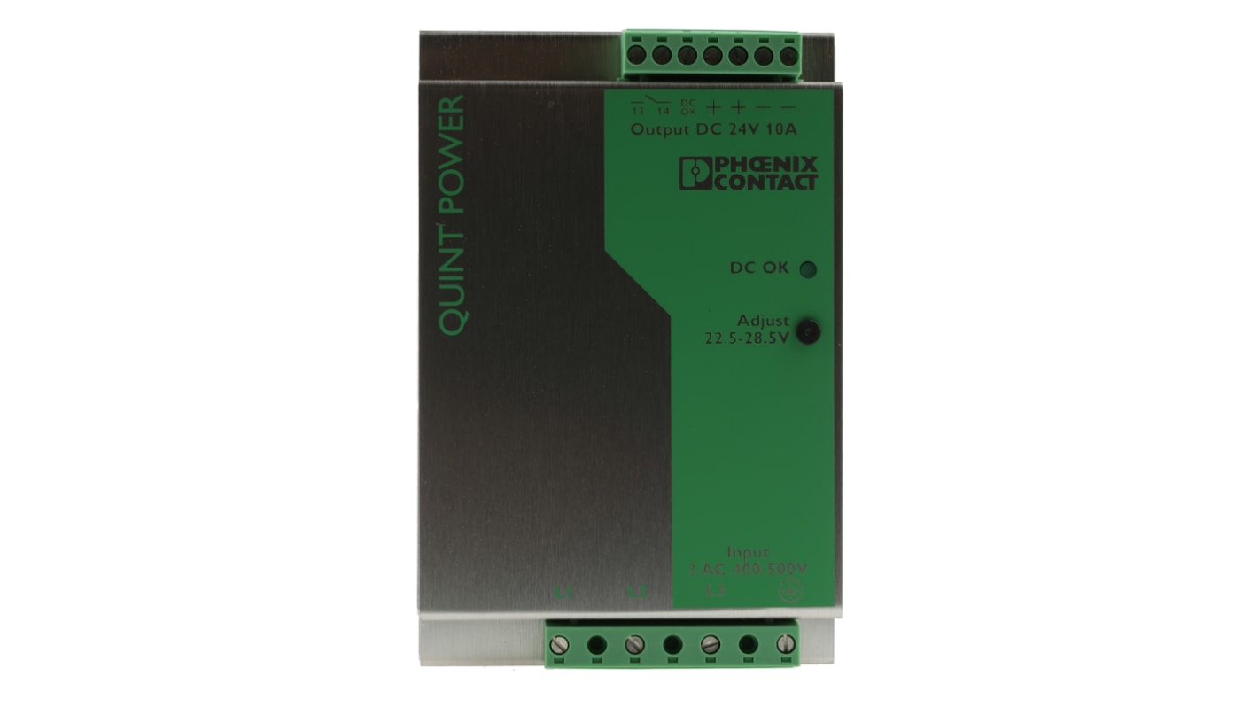 Phoenix Contact QUINT PS-3X400 Switch Mode DIN Rail Power Supply, 400V ac ac Input, 24V dc dc Output, 10A Output, 240W