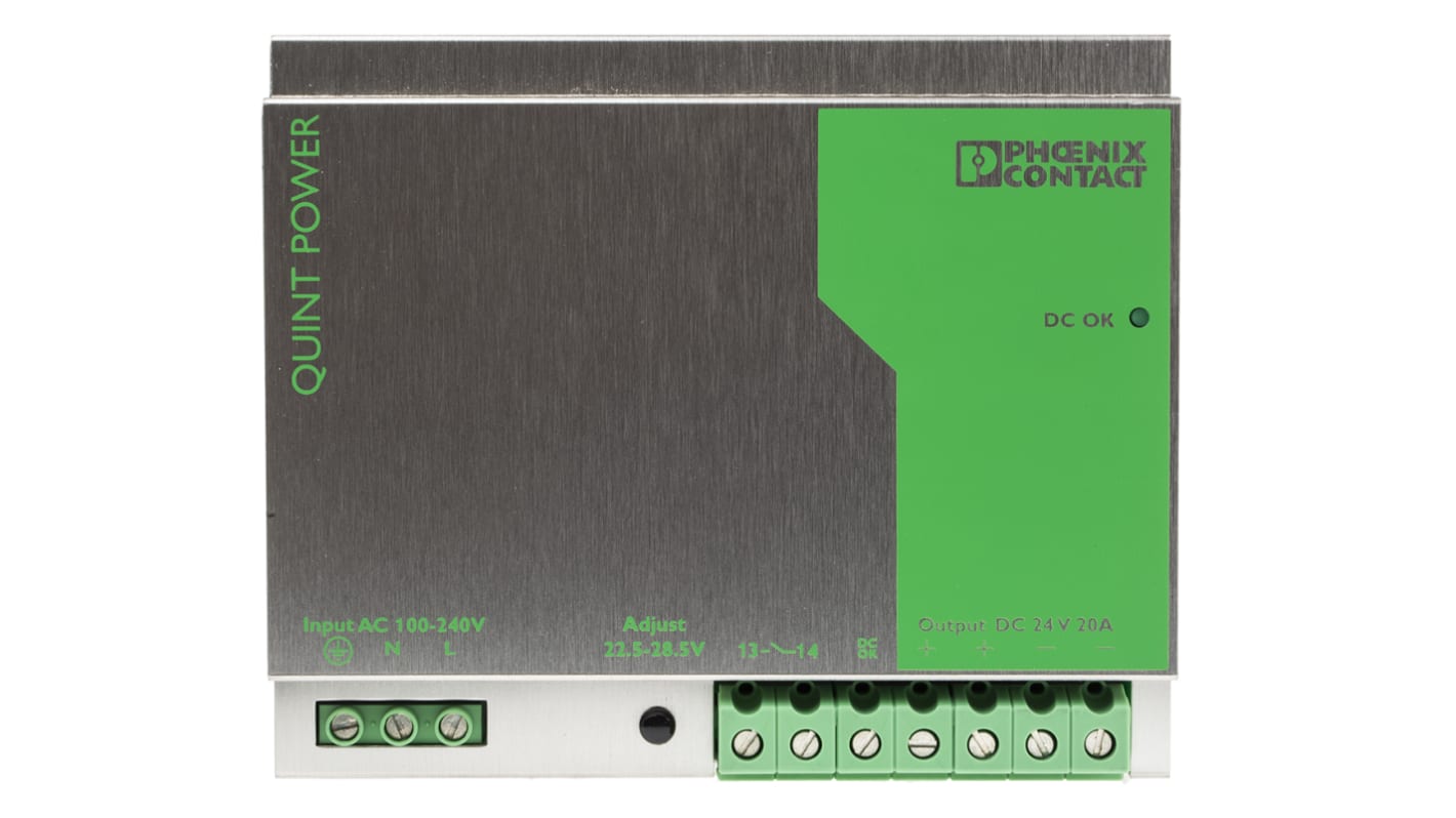 Phoenix Contact QUINT PS-100 Switch Mode DIN Rail Power Supply, 85 → 264V ac ac Input, 24V dc dc Output, 20A