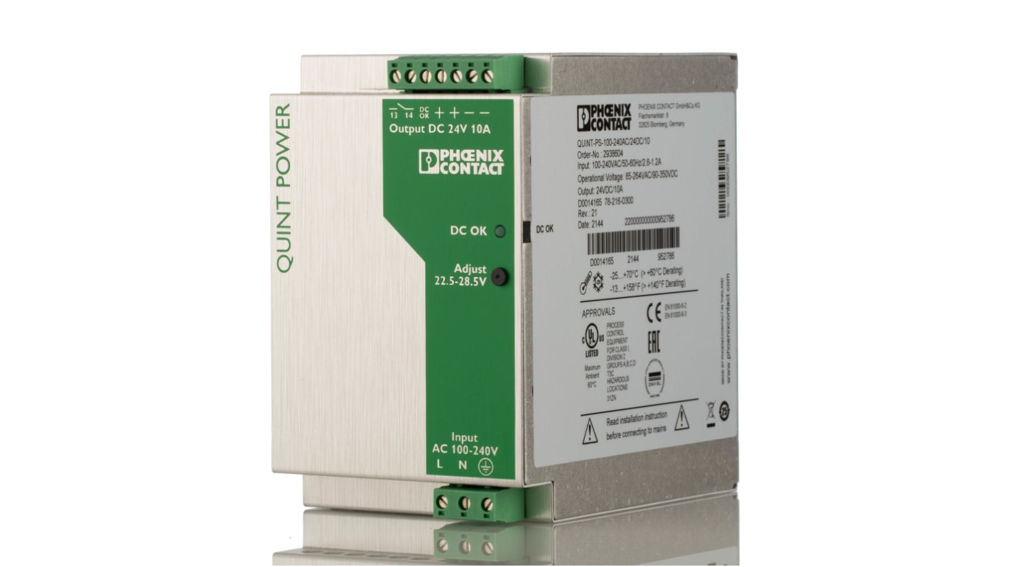 Phoenix Contact QUINT POWER Switched Mode DIN Rail Power Supply, 85 → 264V ac ac Input, 24V dc dc Output, 10A