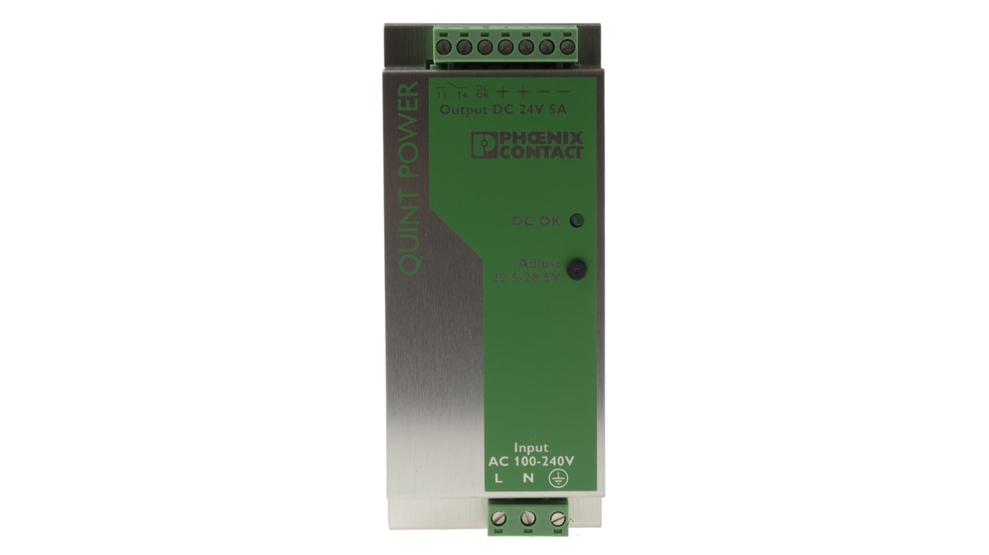 Phoenix Contact QUINT PS-100 Switch Mode DIN Rail Power Supply, 85 → 264V ac ac Input, 24V dc dc Output, 5A