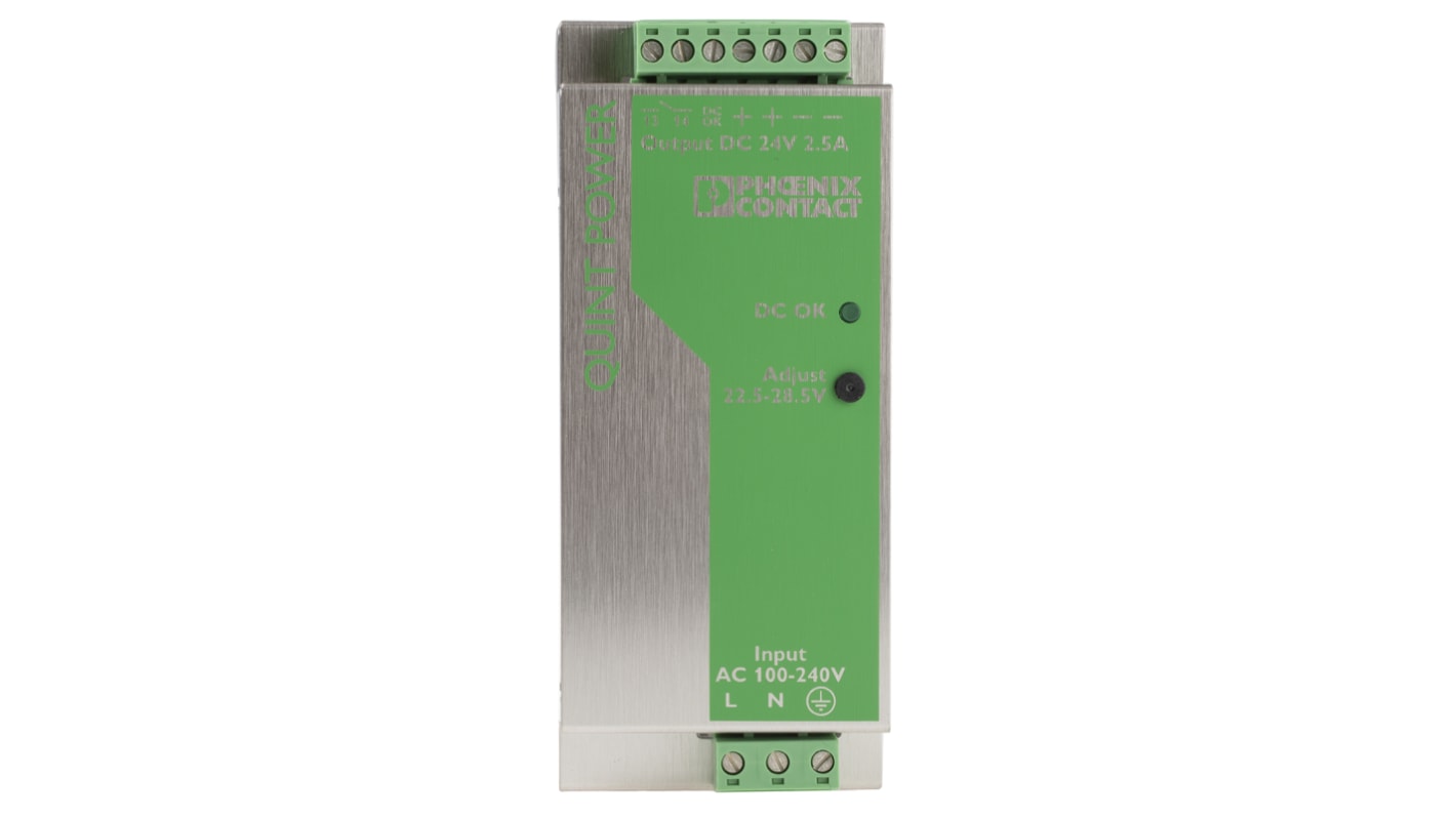 Phoenix Contact QUINT PS-100 Switch Mode DIN Rail Power Supply, 85 → 264V ac ac Input, 24V dc dc Output, 2.5A