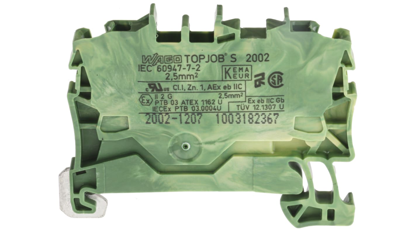 Wago TOPJOB S, 2002 Series Green/Yellow Earth Terminal Block, 2.5mm², Single-Level, Push-In Cage Clamp Termination,