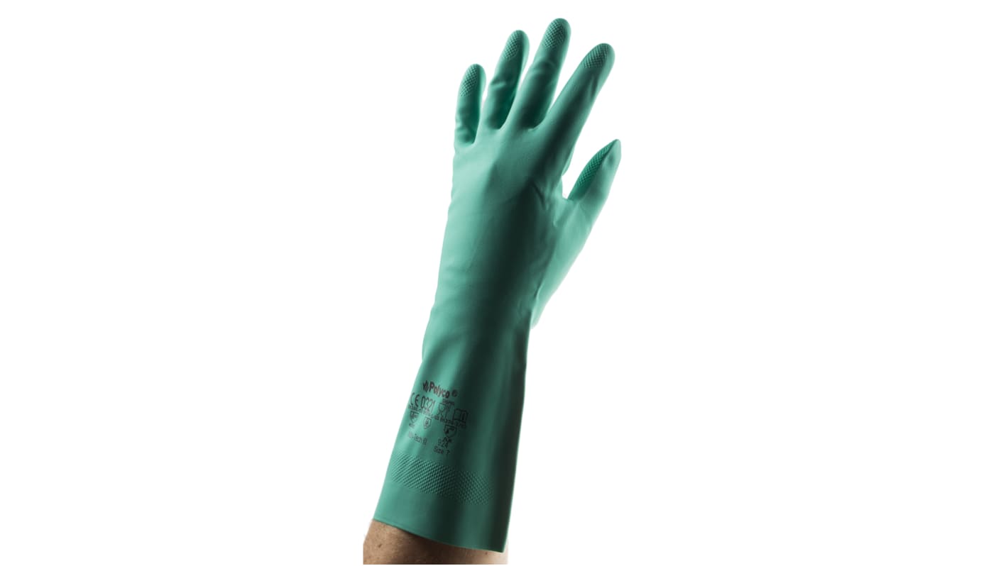 Polyco Healthline Green Nitrile Chemical Resistant Work Gloves, Size 7, Small, Nitrile Coating