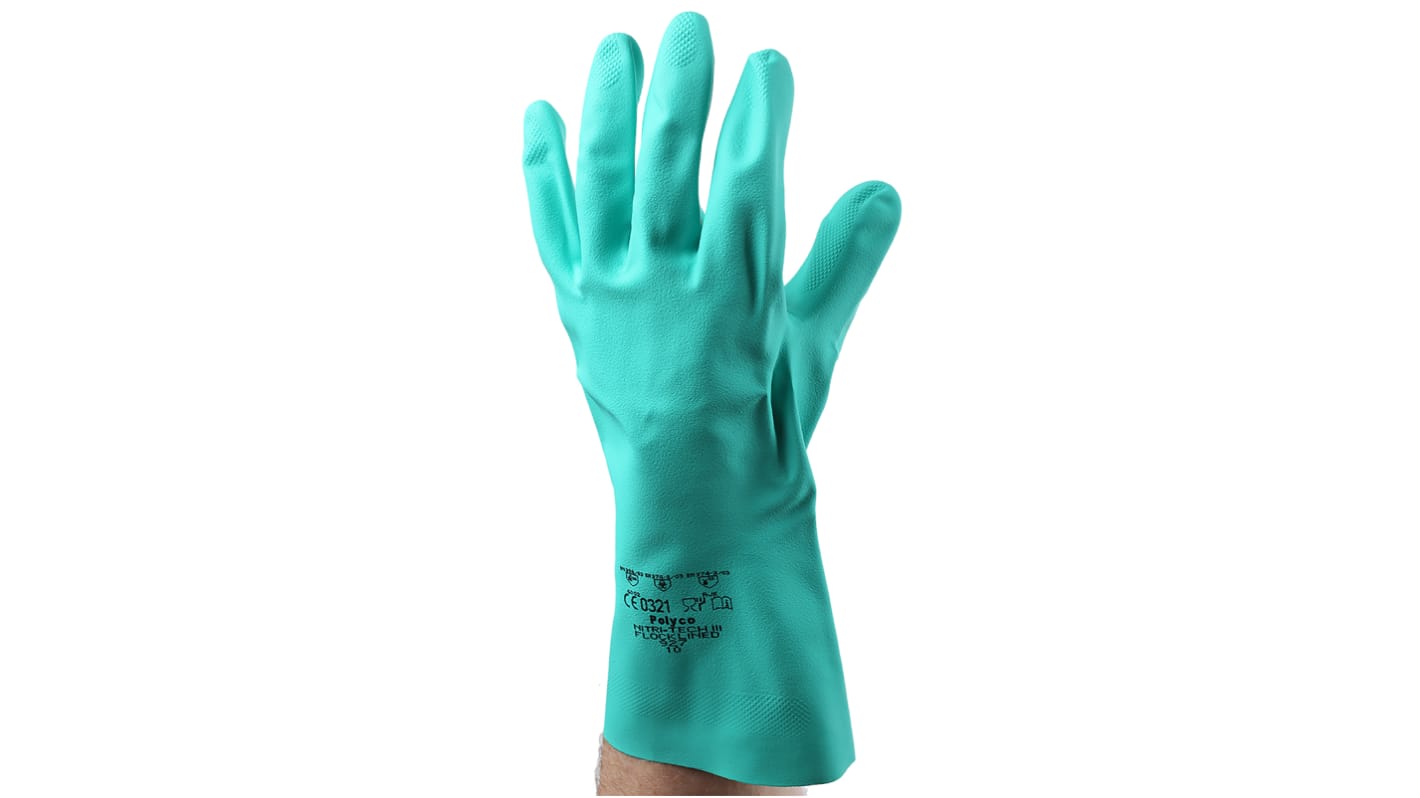 Polyco Healthline Green Nitrile Chemical Resistant Work Gloves, Size 10, Nitrile Coating