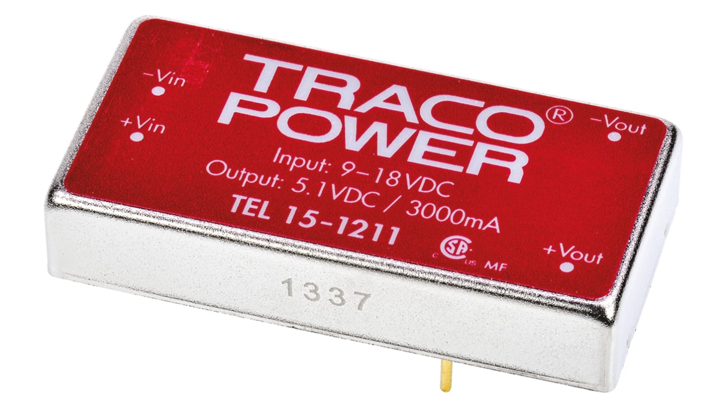 TRACOPOWER TEL 15 DC-DC Converter, 5V dc/ 3A Output, 9 → 18 V dc Input, 15W, Through Hole, +71°C Max Temp -40°C