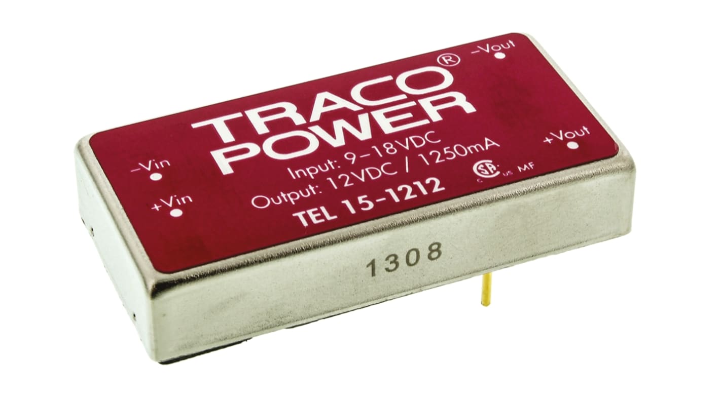 TRACOPOWER TEL 15 DC-DC Converter, 12V dc/ 1.25A Output, 9 → 18 V dc Input, 15W, Through Hole, +71°C Max Temp