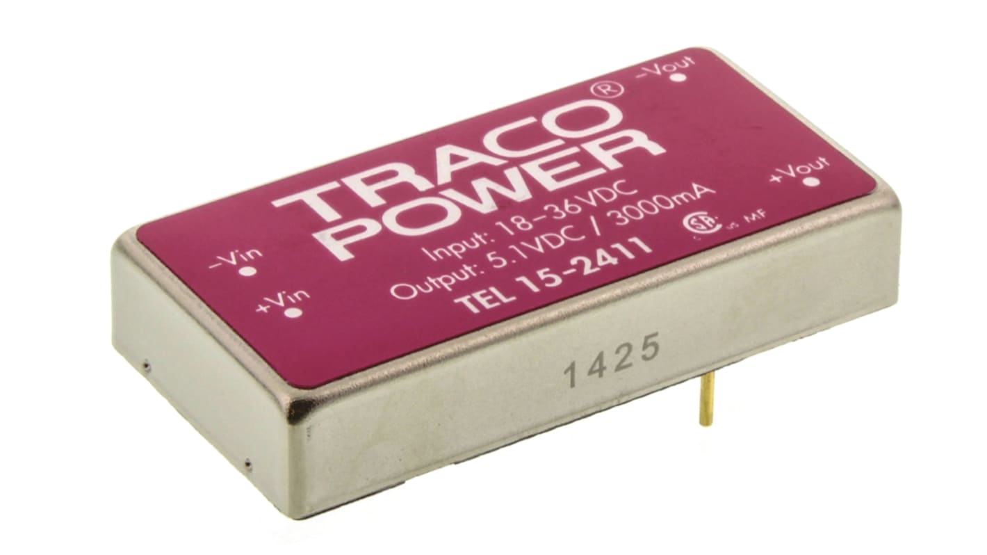 TRACOPOWER TEL 15 DC-DC Converter, 5V dc/ 3A Output, 18 → 36 V dc Input, 15W, Through Hole, +71°C Max Temp -40°C