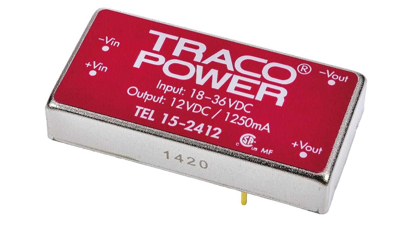 TRACOPOWER TEL 15 DC-DC Converter, 12V dc/ 1.25A Output, 18 → 36 V dc Input, 15W, Through Hole, +71°C Max Temp