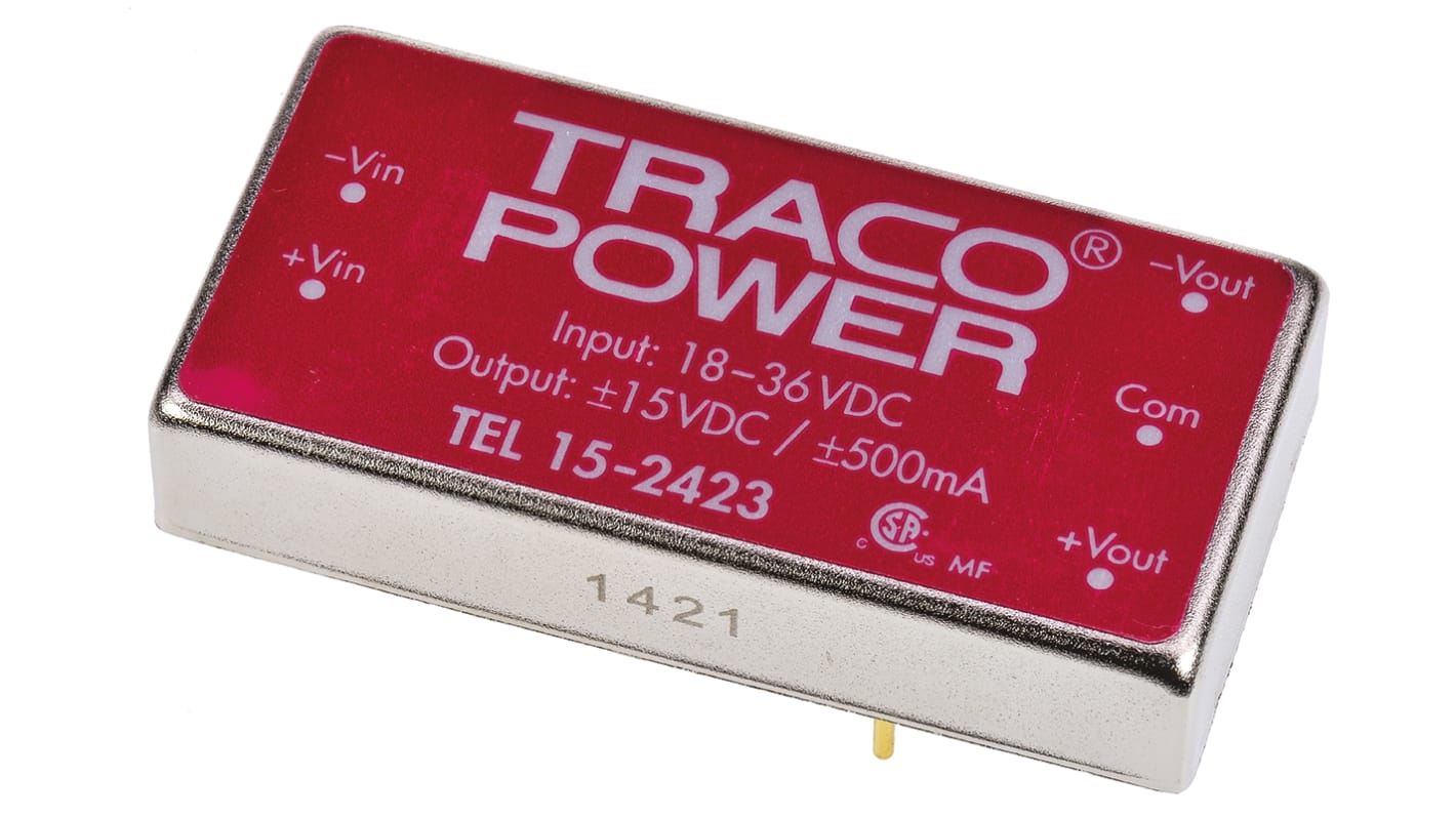 Convertisseur DC-DC TRACOPOWER, TEL 15, Montage traversant, 15W, 2 sorties, ±15V c.c., ±500mA