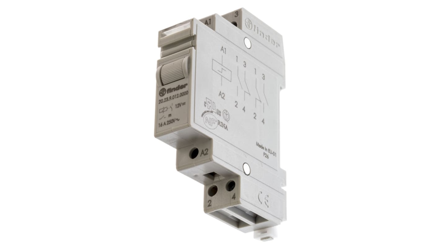 Télérupteur modulaire Finder 20 Series, 1 NF, 1 NO, bobine 12V c.c. Rail DIN 5W