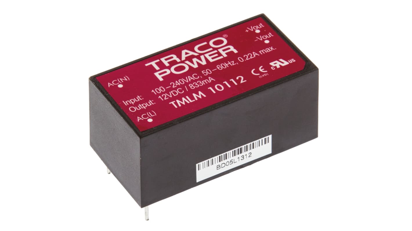 TRACOPOWER Embedded Switch Mode Power Supply SMPS, TMLM 10112, 12V dc, 833mA, 10W, 1 Output, 90 → 264V ac Input