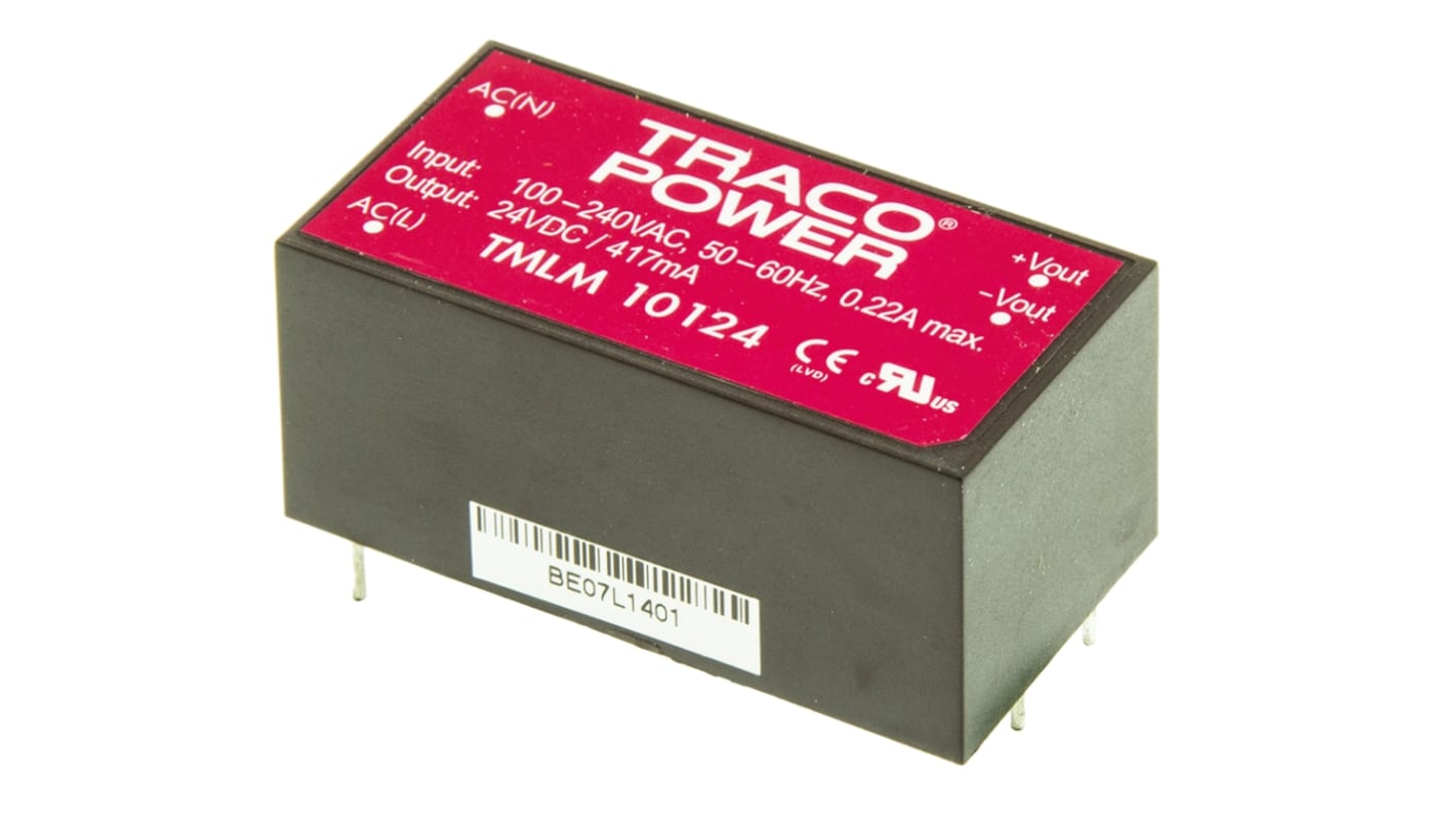 TRACOPOWER Embedded Switch Mode Power Supply SMPS, TMLM 10124, 24V dc, 417mA, 10W, 1 Output, 90 → 264V ac Input