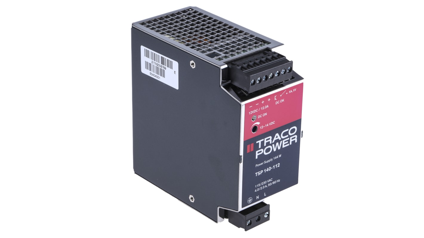 TRACOPOWER DIN-sín tápellátás, BE: 85 → 264V ac, 1 kimenet, 12V dc, 12A, 144W