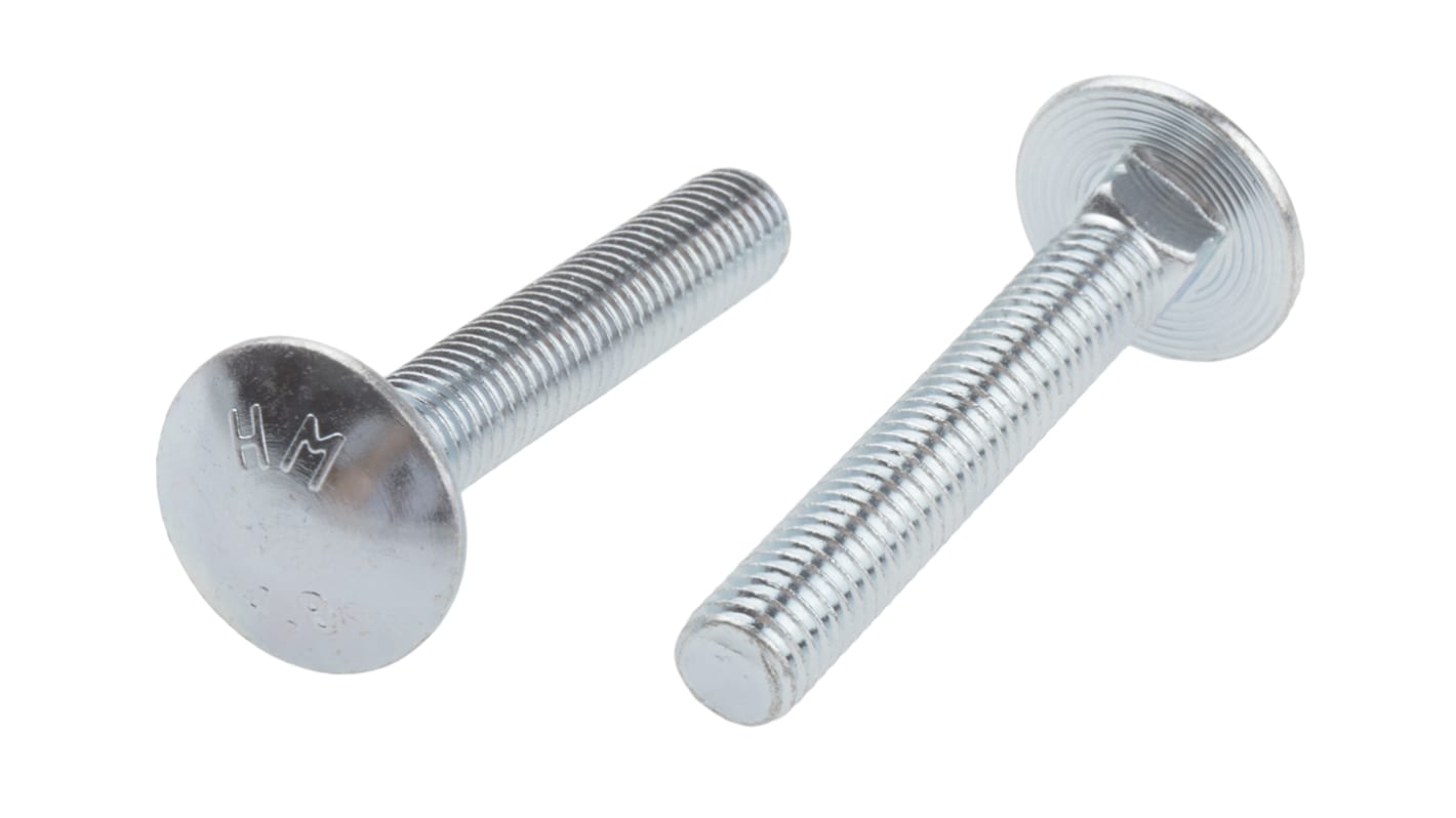 Bright Zinc Plated Steel Coach Bolt, M8 x 50mm RS