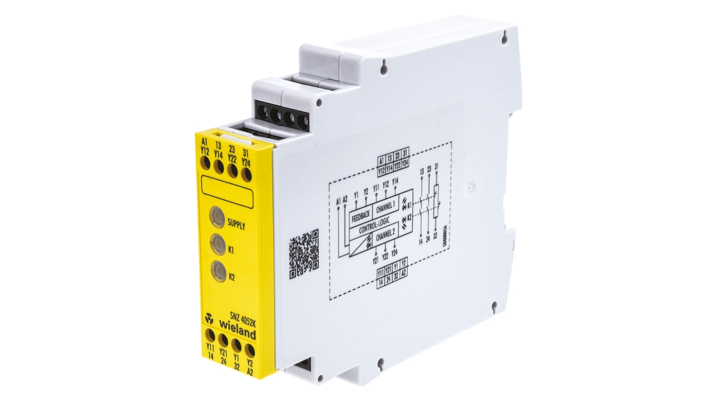 Relé de seguridad Wieland safeRELAY SNZ 4052 de 2 canales, para Parada de Emergencia, 24V ac/dc