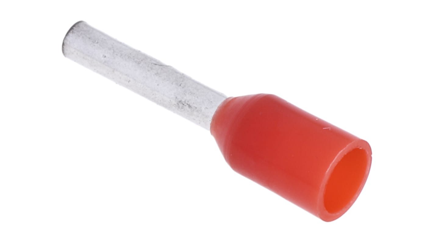 RS PRO Insulated Crimp Bootlace Ferrule, 8mm Pin Length, 1.7mm Pin Diameter, 1mm² Wire Size, Red