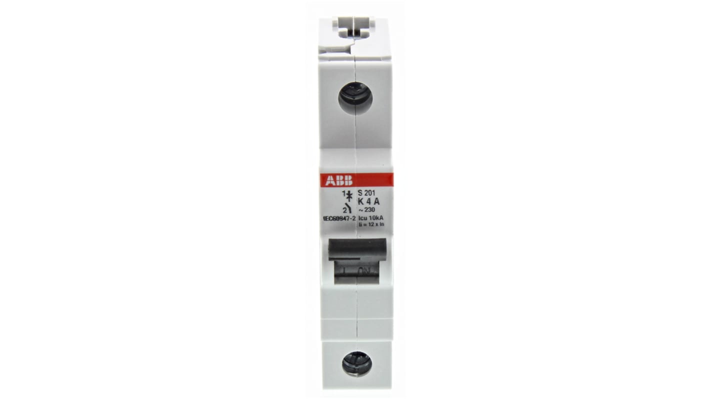 ABB System Pro M Compact S200 MCB, 1P, 4A Curve K, 253V AC, 72V DC, 6 kA Breaking Capacity