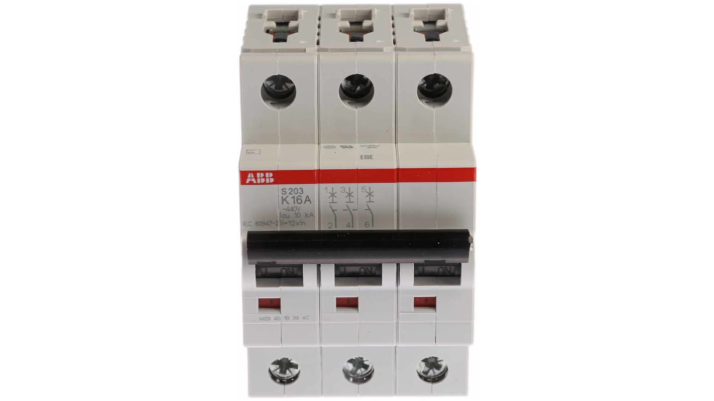 ABB System Pro M Compact S200 MCB, 3P, 16A Curve K, 440V AC, 6 kA Breaking Capacity